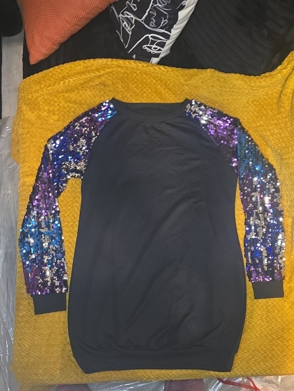 Womens Mini Black Dress with Multicolor Sequin Raglan Sleeves